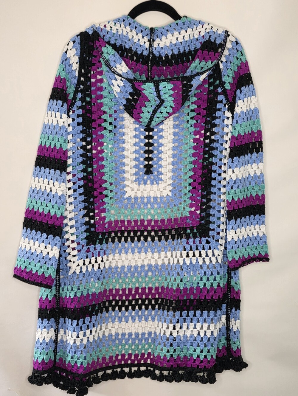 Free the Roses Crochet Hooded Cardigan Open Front Pom-pom Trim Pockets Spring - Picture 7 of 14